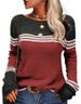 Cross-border autumn and winter new women's crocheted elegant commuter top European and American long-sleeved knitted striped color matching round neck_voghion.com