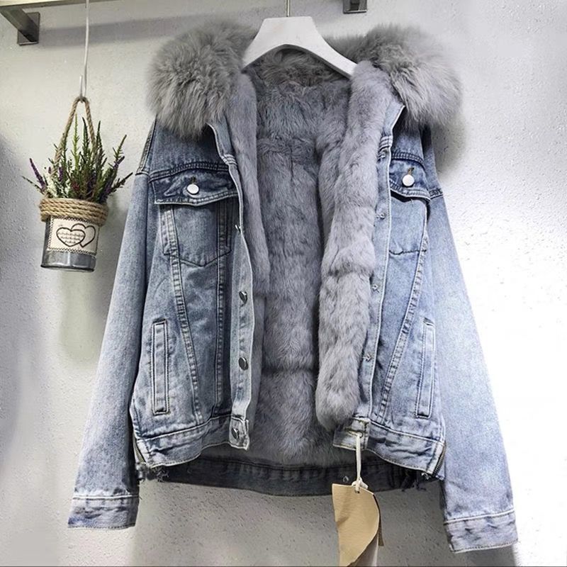 Giacca invernale da donna Cappotto in denim caldo spesso di cotone vintage Colletto in pelliccia allentato oversize in denim da donna Plus Veet Jean Parka_voghion.com
