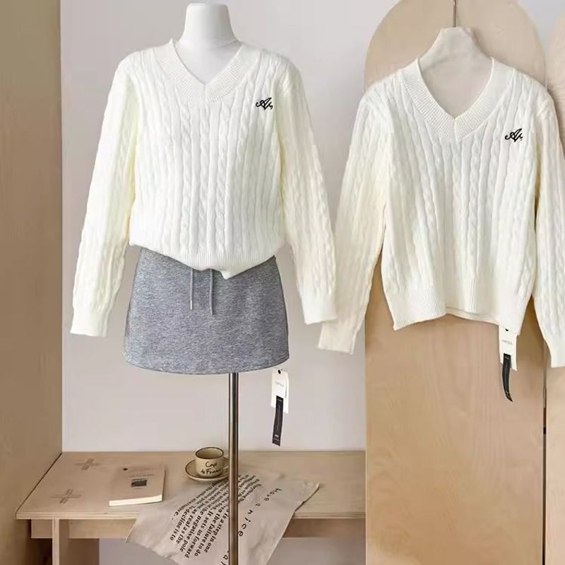 Pull rétro en maille torsadée à col en V pour femme, pull vintage en maille torsadée à col en V, doux et ample, brodé, style automne-hiver_voghion.com