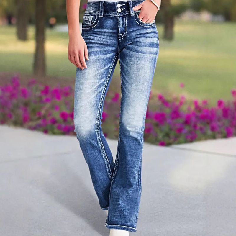 Vaqueros acampanados bordados para mujer: denim elástico de cintura alta con detalles bohemios_voghion.com