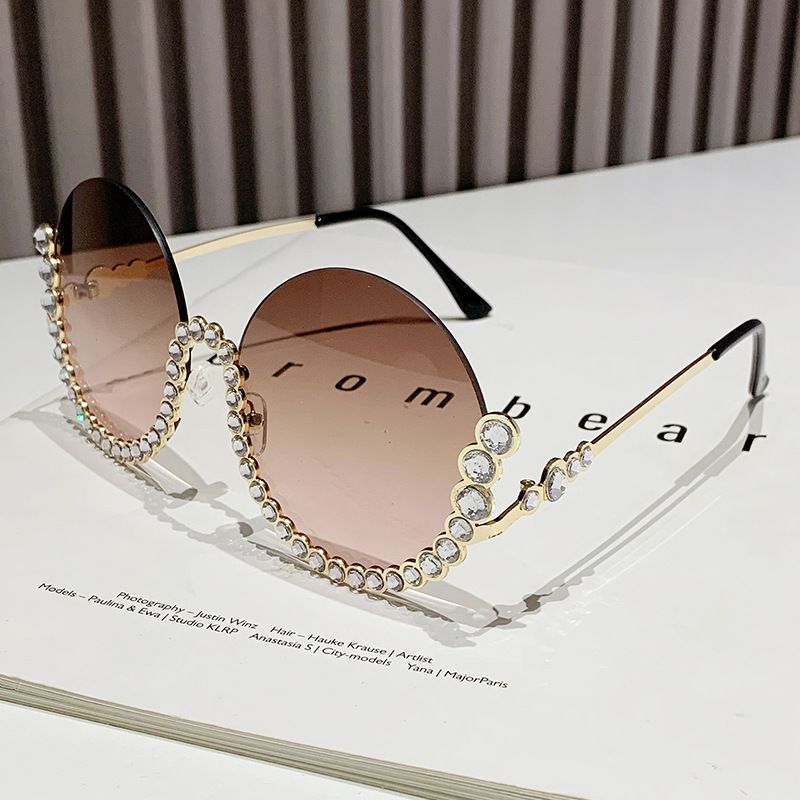 Metal diamond-set round half frame cut edge sunglasses for women Fashion men_voghion.com