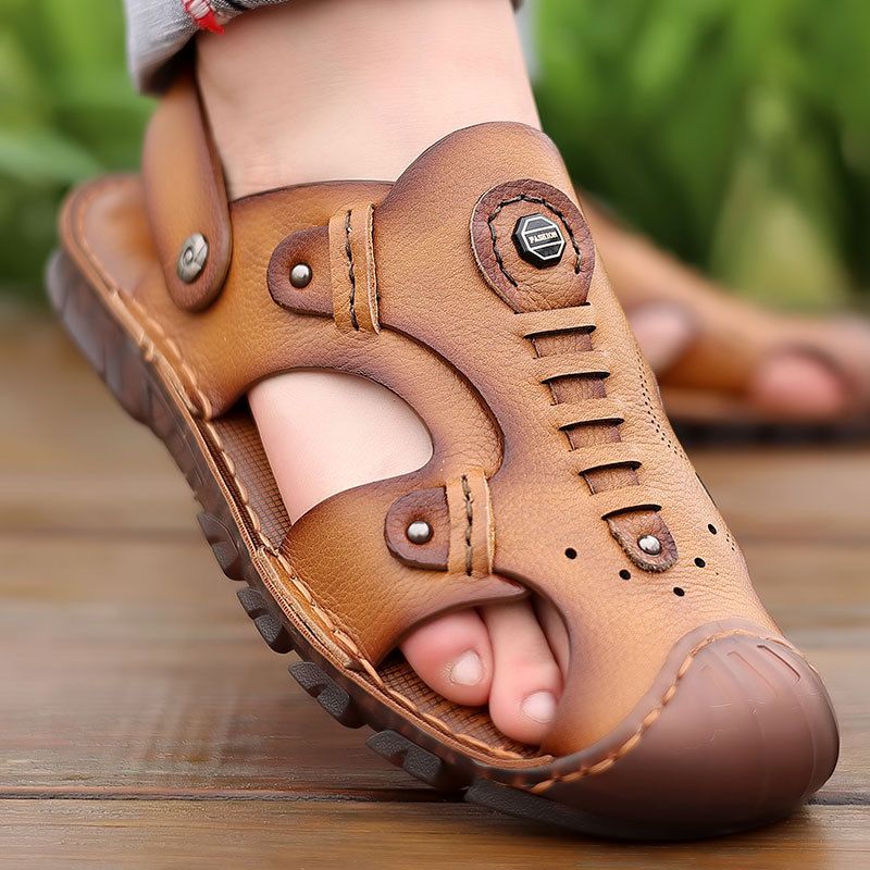 Sandales en cuir de vachette, chaussures de plage décontractées respirantes en deux parties, chaussures pour hommes à semelle Oxford_voghion.com