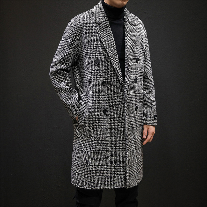 Herrenbekleidung Wollmantel Passform Bequemer Wollmantel Trenchcoat Karo Zweireihiger Mittellanger Mantel_voghion.com