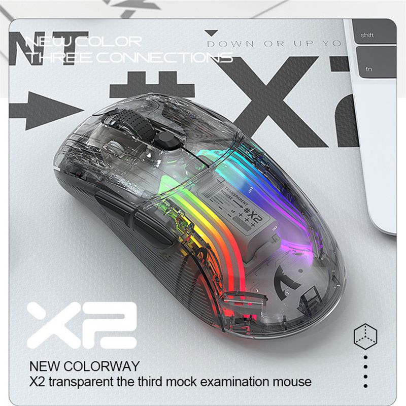 X novo produto g sem fio bluetooth com fio três modos transparente jogo mouse rgb efeito de luz mudo butto ame rb_voghion.com