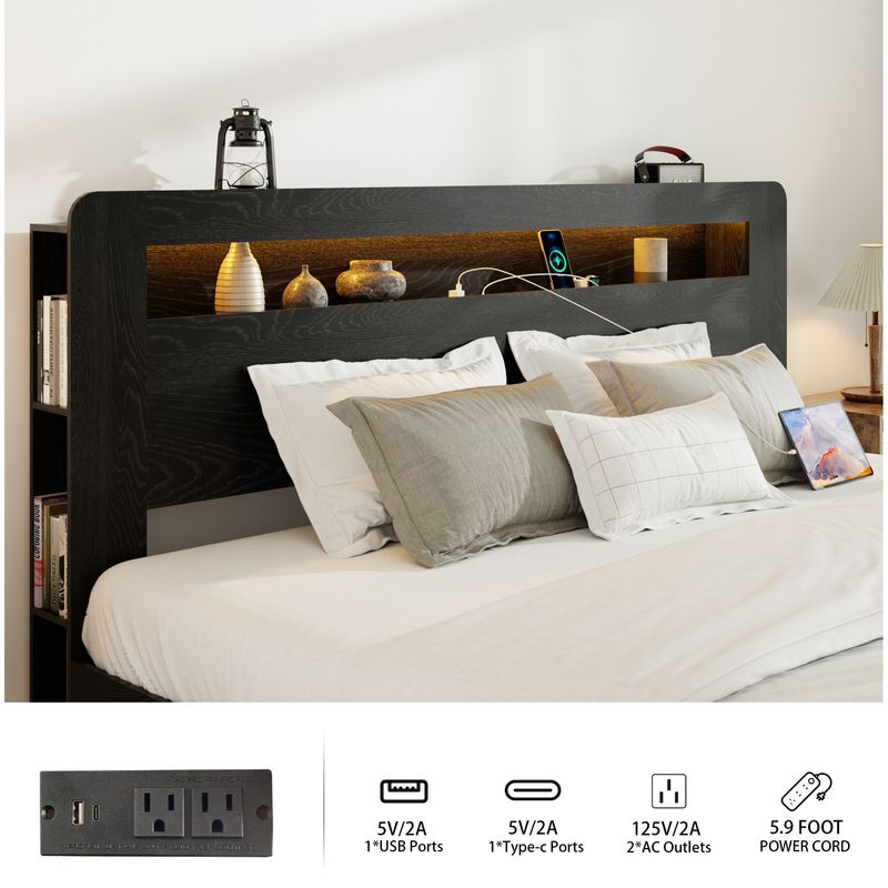Bed Frame Queen Size, Wood Platform Bed Frame With Storage LED Light Headboard And 2 USB , Noise Free,No Box Spring Needed And Easy Assembly Tool,Large Under Bed Storage,Dark Black_voghion.com