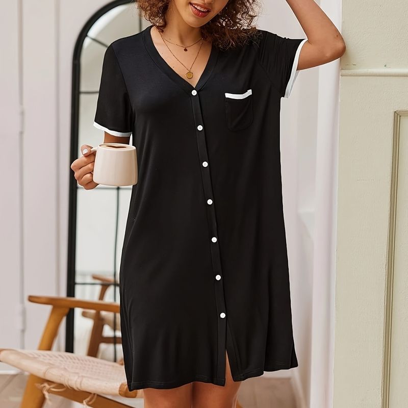 Women's Clothing V Neck Short Sleeved Contrast Color Home Simple Ladies Short Dress_voghion.com