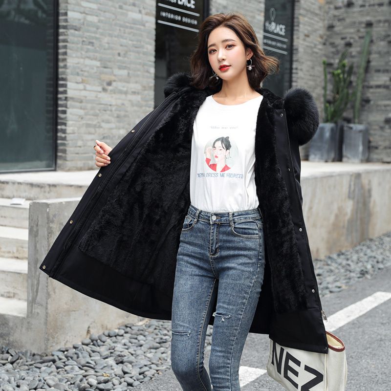 Vêtements pour femmes hiver nouveau manteau en coton femmes moyen et long grand col de fourrure plus doublure en velours parka manteau à la mode_voghion.com