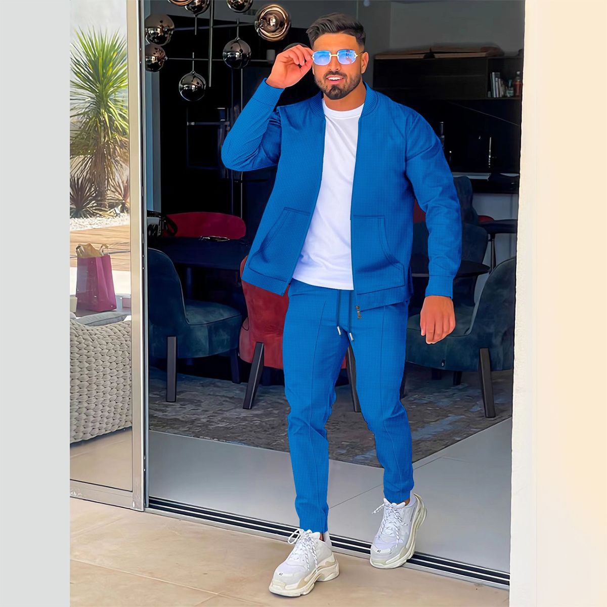 Men's Waffle Knit Baseball Jacket With Zip Pockets & Matching Pants Set - Lightweight Casual Outerwear For Spring & Summer_voghion.com