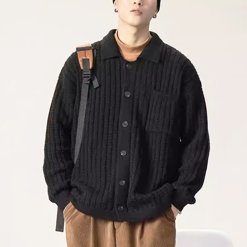 Pull en tricot pour homme – Cardigan décontracté à col polo (M-XXXL, polyester extensible, tricot torsadé, vêtements d'extérieur décontractés)_voghion.com