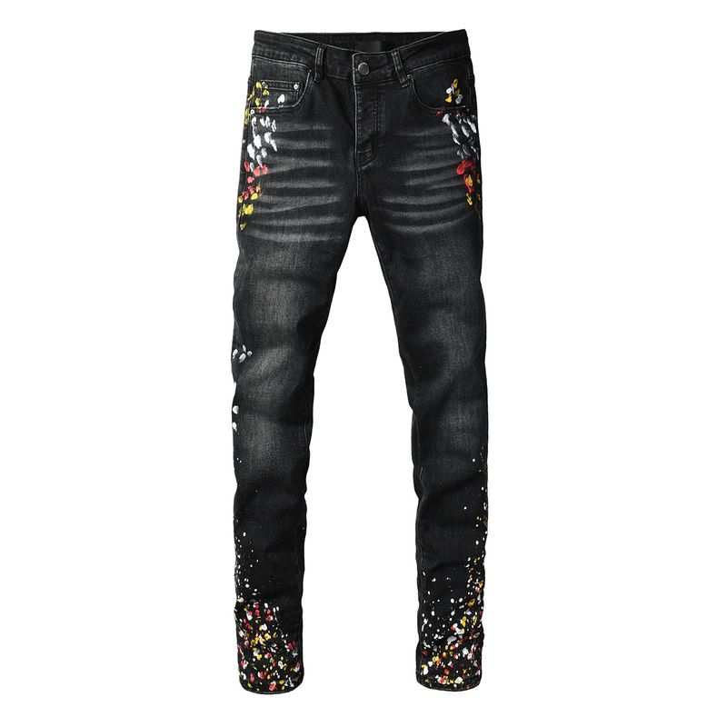 Nowe, modne, męskie spodnie jeansowe w stylu retro casual z nadrukiem Ink Splashing_voghion.com