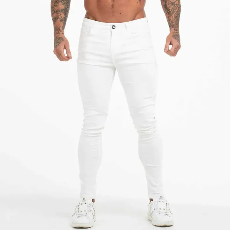 GINGTTO Jeans da uomo bianchi in cotone elasticizzato Pantaloni elastici in vita da uomo estivi Plus Size 36 zm55 T221102_voghion.com