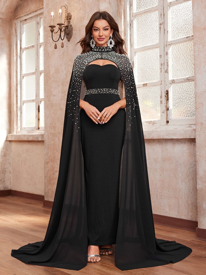 Women's Clothing prom evening dress hot diamond beaded high collar halter cape high end light luxury party evening dress_voghion.com