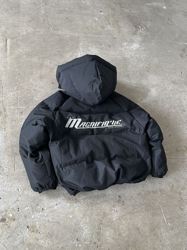 Streetwear Oversized Puffer Jacket – Hip-Hop Gothic Print Hooded Coat With Slanted Hem & Zip Pockets_voghion.com