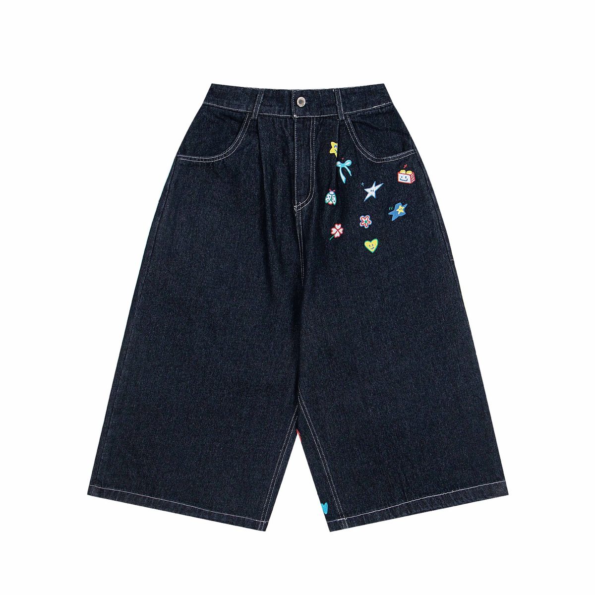 2025 High Street Style Niche Fun Printed Unisex Casual Denim Mid-Length Shorts_voghion.com