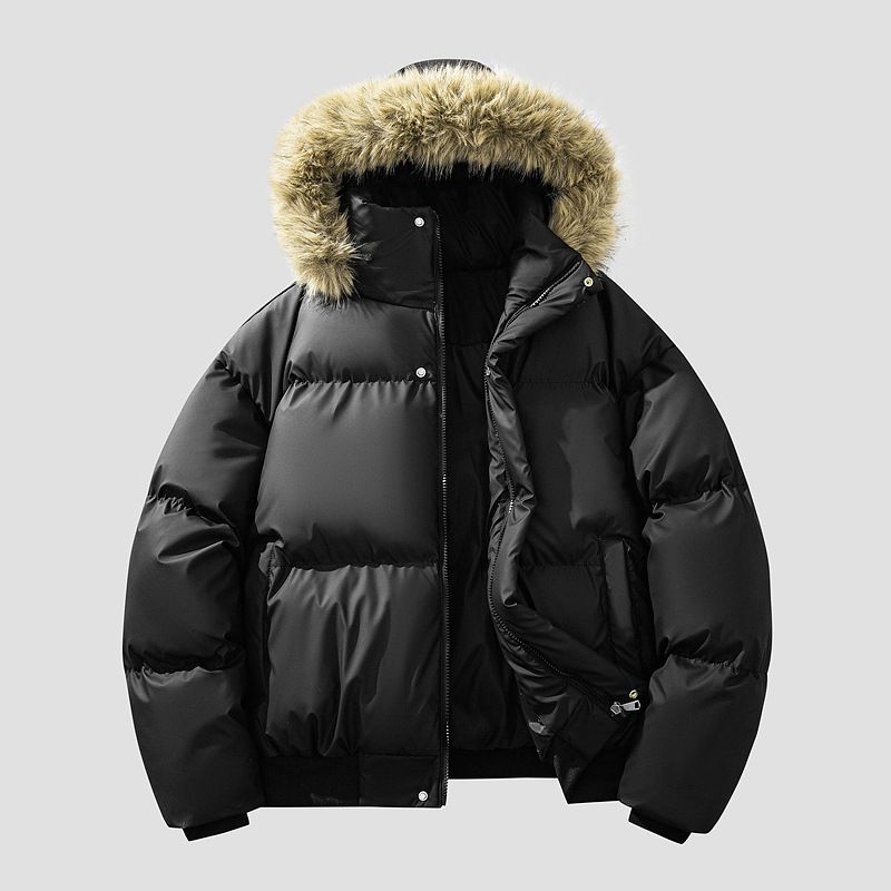 Cappotto invernale da uomo con cappuccio di pelliccia staccabile – Giacca imbottita in cotone spesso, parka caldo e ampio per il freddo (nero, cachi, grigio scuro)_voghion.com