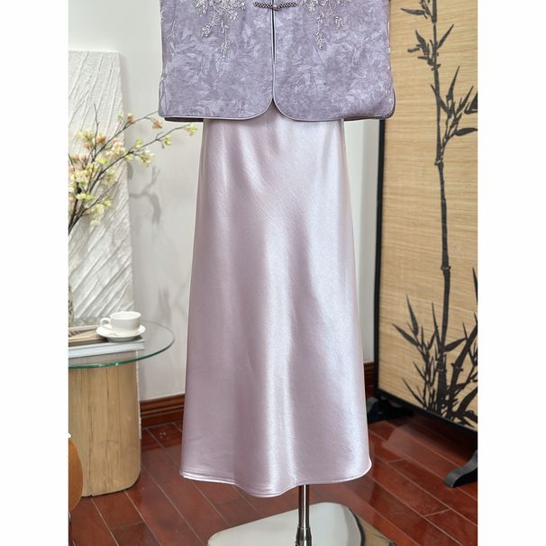 ChicShe Gonna lunga midi elegante e versatile in raso acetato liscio in stile cinese per donna, primavera estate, nuova ed elastica a vita alta_voghion.com