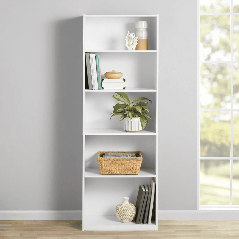 5-Shelf Bookcase With Adjustable Shelves, White_voghion.com