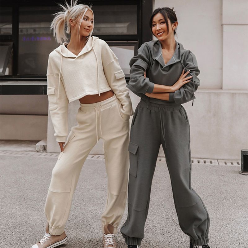 Conjunto deportivo informal de dos piezas con capucha y bolsillo de manga larga para mujer, de comercio exterior europeo y americano, 2024_voghion.com