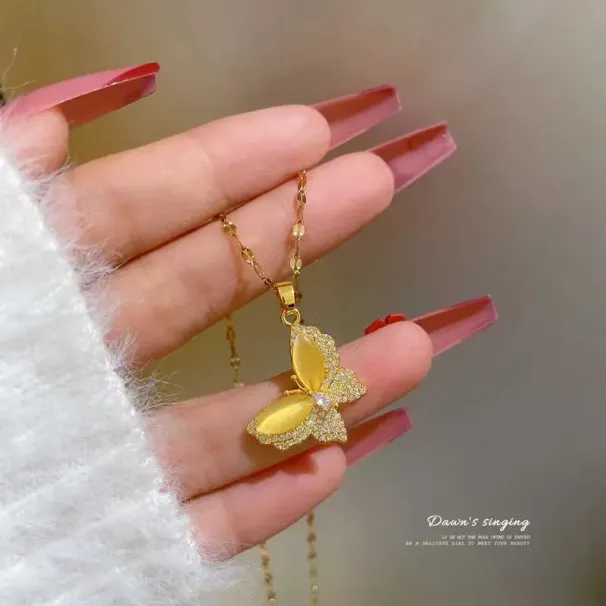 Collane con ciondolo in cristallo CZ giallo, a forma di farfalla, girocollo, in zirconia, in acciaio inossidabile, gioielli da donna, regali di nozze per_voghion.com