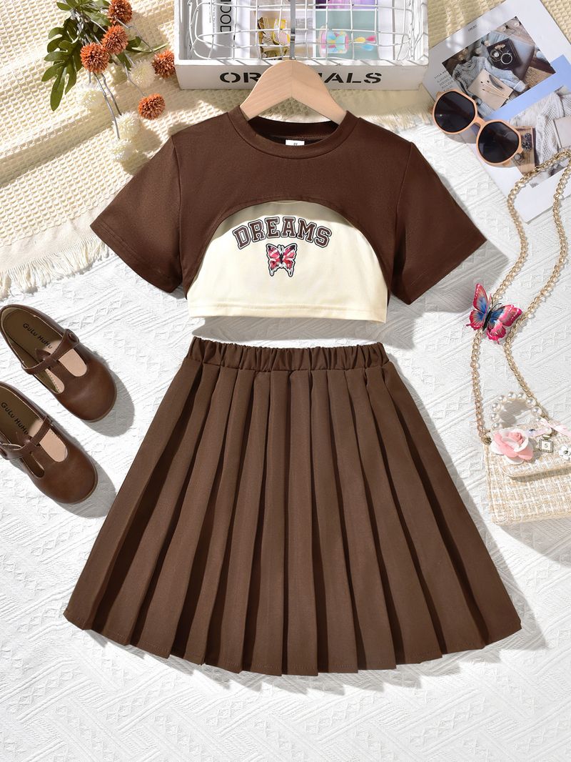 Kids Clothing 2024 spring and summer new girls' letter short-sleeved short skirt camisole vest three-piece spring and summer suit_voghion.com