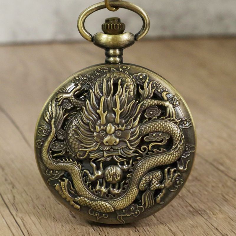 New Cross Bronze Quartz met dominant drakenpatroon, groot zakhorloge_voghion.com
