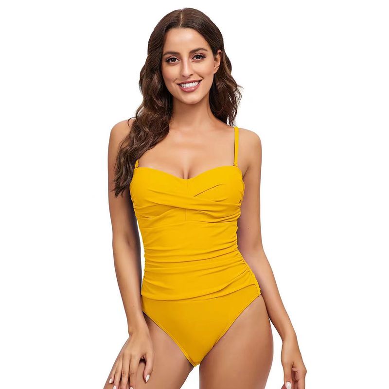 Maillot de bain une pièce plissé pour femme, couleur unie, slim_voghion.com