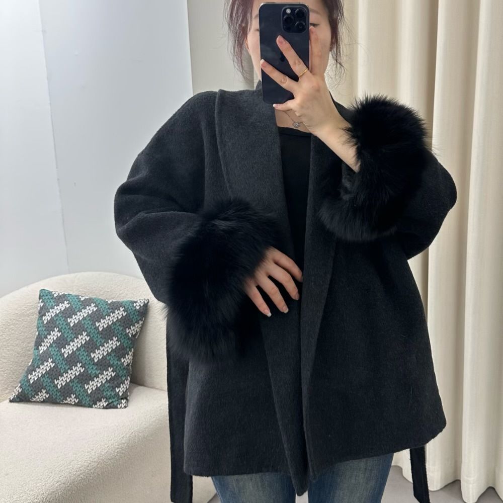 Cappotto con cintura effetto Maillard – Trench oversize in lana e collo in pelliccia di volpe (lunghezza 50-65 cm) – Spolverino cucito a mano per donna (S-L, 7 colori)_voghion.com