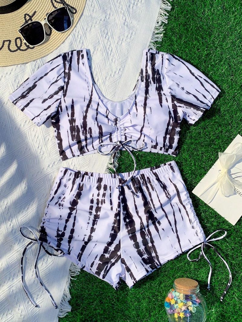 Women's Two-piece Swimsuit Black And White With Crew Neck Boxers Swimsuit Set_voghion.com
