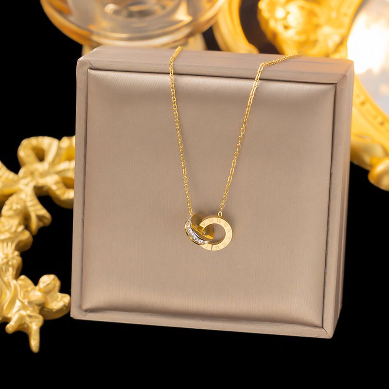 Collier Double anneau numérique romain en acier titane pour femmes, pendentif en or, chaîne de luxe, Style Simple, à la mode_voghion.com
