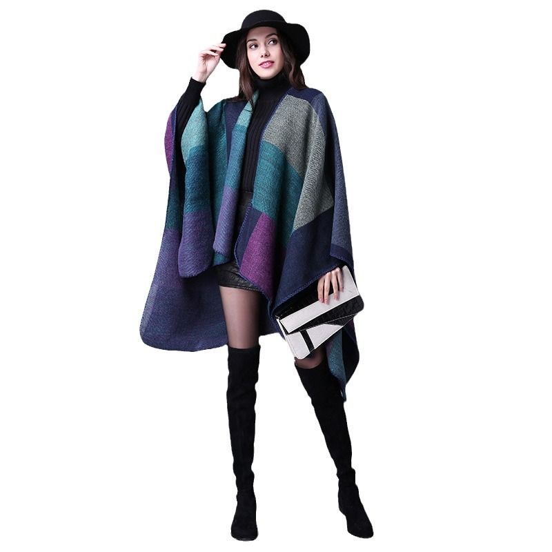 Autumn and Winter Scarves Versatile Plaid Women's Travel Shawl Cashmere Ethnic Style Split Thickened Cloak_voghion.com