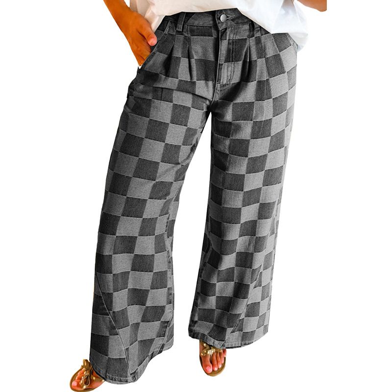 Damenbekleidung Persönlichkeitstrend Schachbrett-Print Jeans für Damen Herbst Neue hohe Taille Lose Hose mit weitem Bein für Damen_voghion.com