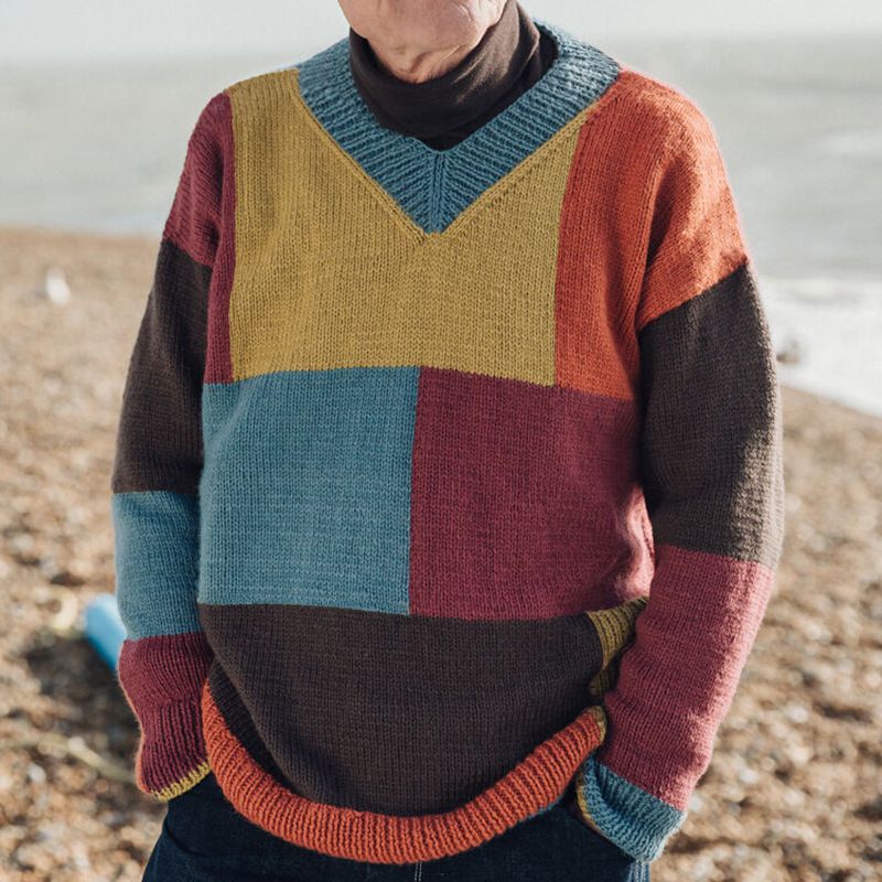 Men's Clothes Autumn And Winter Men's Fashion Young Men's Sweater V-neck Matching Color Long-sleeved Pullover Sweater_voghion.com