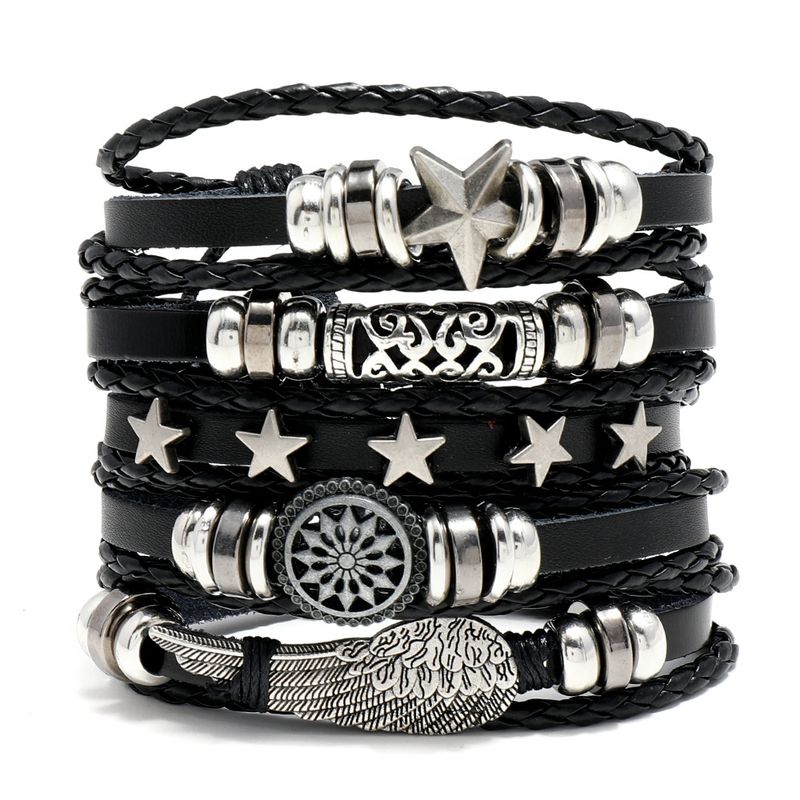Bijoux pour hommes, bijoux punk, bracelet en cuir multicouche perlé personnalisé, bracelet combiné 5 pièces à faire soi-même_voghion.com
