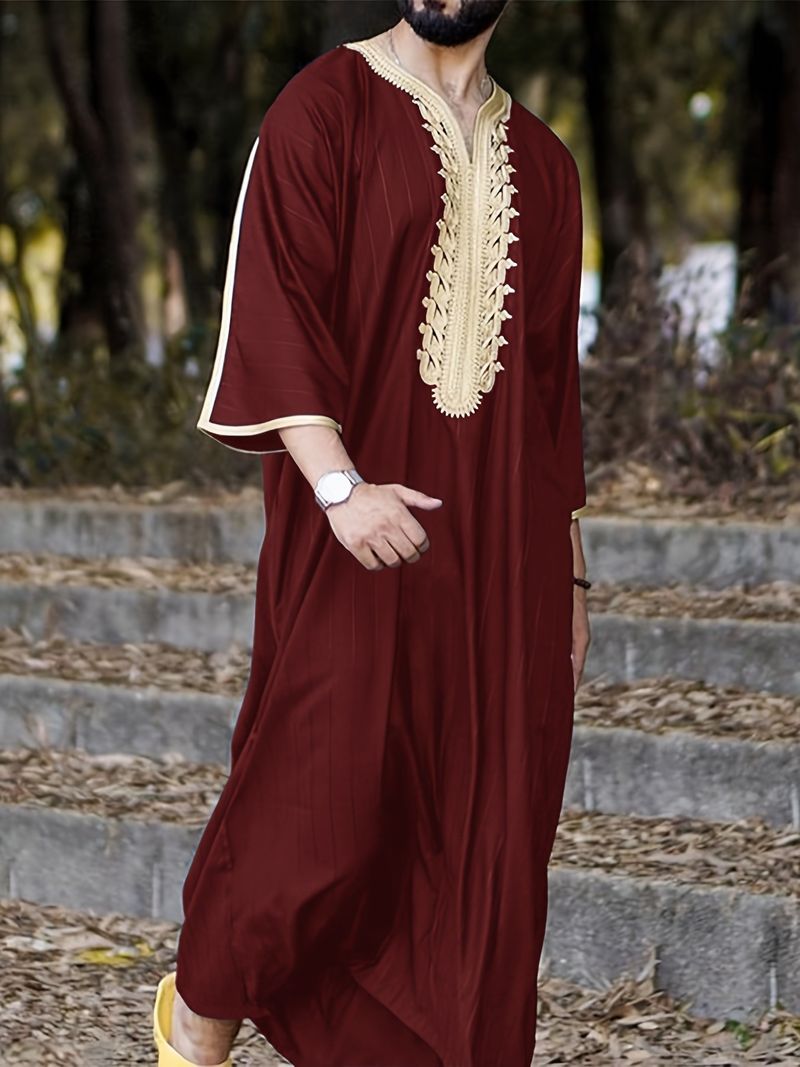 Men's Clothing Robe Loose V Neck Short Sleeved Embroidered Muslim Wine Red Khaki White Kebaya_voghion.com