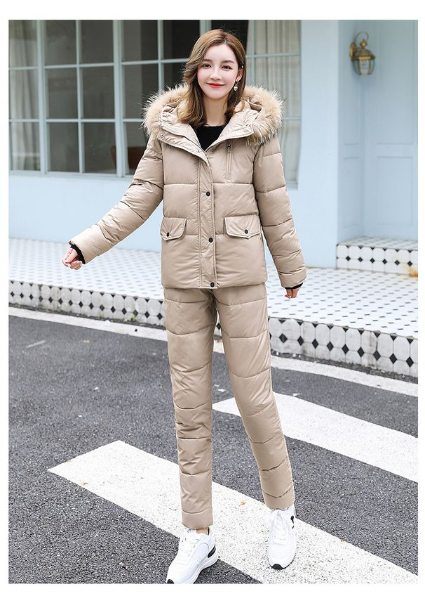 Completo tuta invernale imbottita da donna: cappotto e pantaloni in caldo cotone spesso, elegante completo casual per il freddo_voghion.com