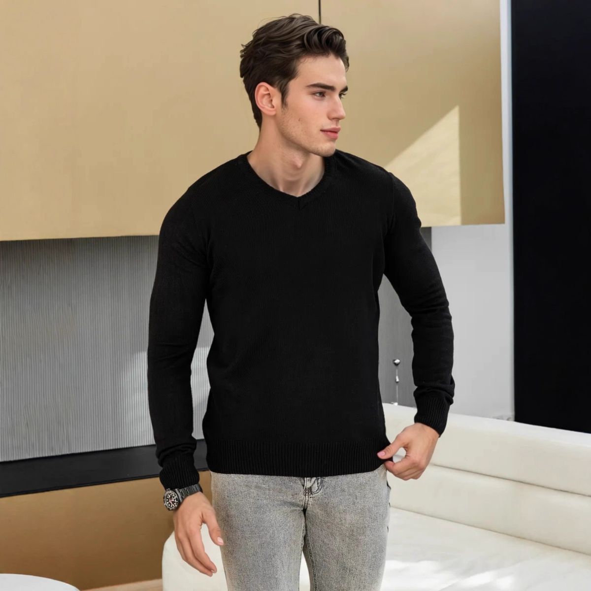 Herren-Strickpullover aus Wollmischung mit V-Ausschnitt – Schmal geschnittener Langarmpullover für Freizeit und Lagenlook (M-4XL, Weiß/Schwarz)_voghion.com