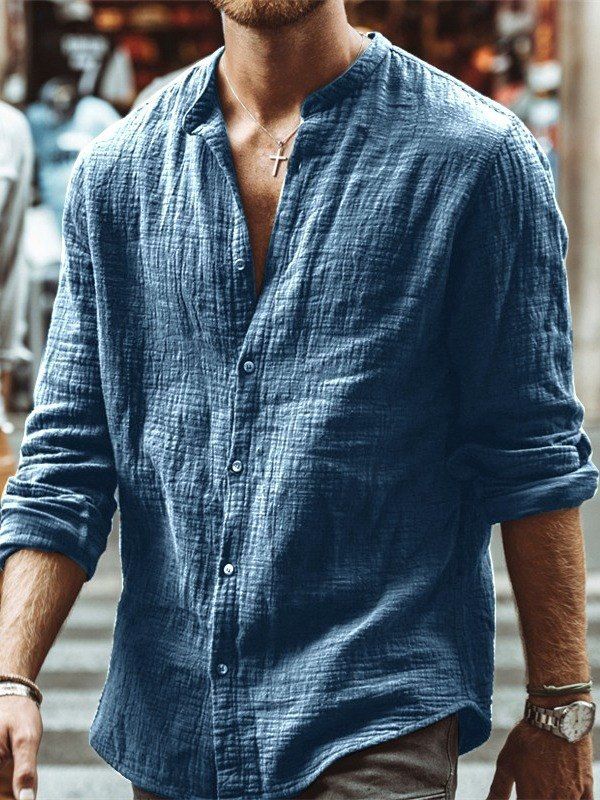 Frühling Neue Freizeitmode Herren Langarm Doppellagiges Baumwollhemd_voghion.com