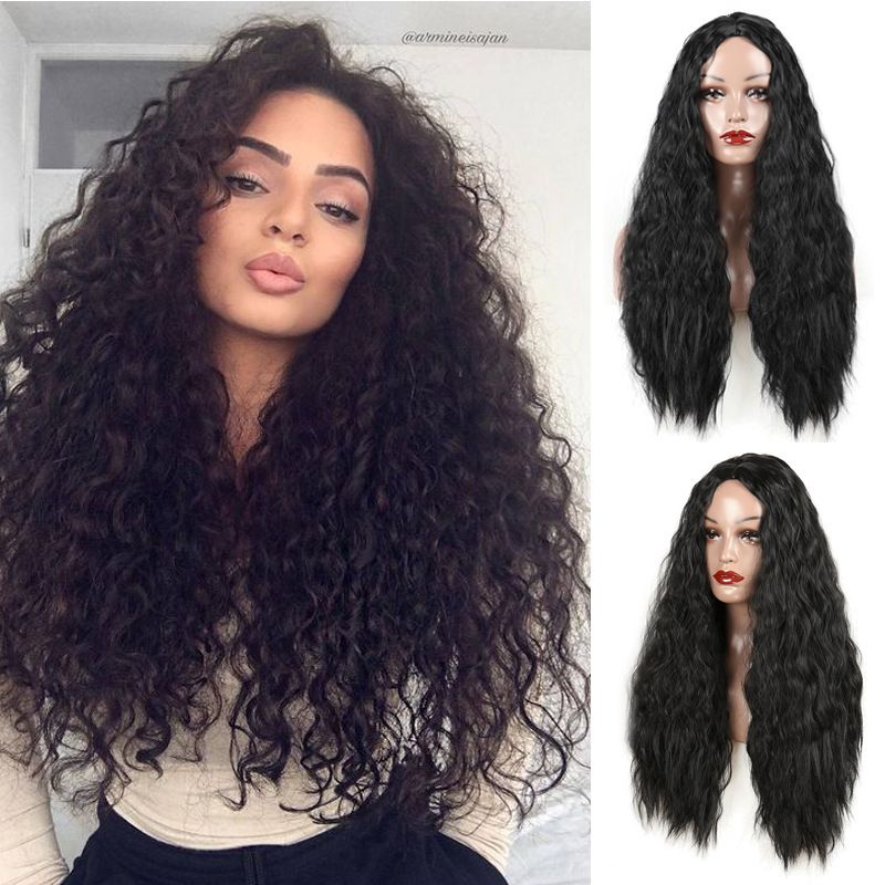 lång lockig peruk för kvinnor, kemisk fiber, högtemperaturtråd, huvudbonad, afrikanskt hårband_voghion.com
