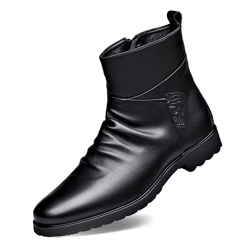 2024 Neue Top Layer Rindsleder Herren Lederstiefel Motorradstiefel mit Innenhöhenerhöhung Seitlicher Reißverschluss Mittelhoher Herrenstiefel Martin Stiefel Herren_voghion.com