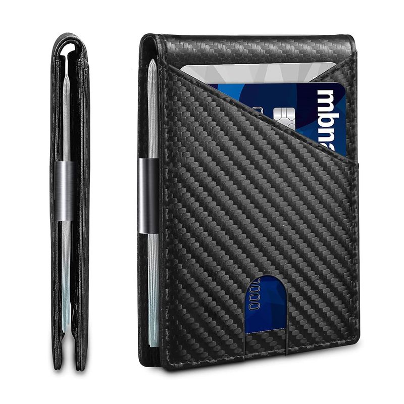 Portefeuille minimaliste pour homme avec blocage RFID, poche avant, deux volets, en cuir, avec carte d'identité, noir carbone_voghion.com