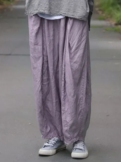Pantalones holgados de lino con cintura elástica para mujer, pantalón de color liso, estilo vintage, para verano, 2023_voghion.com