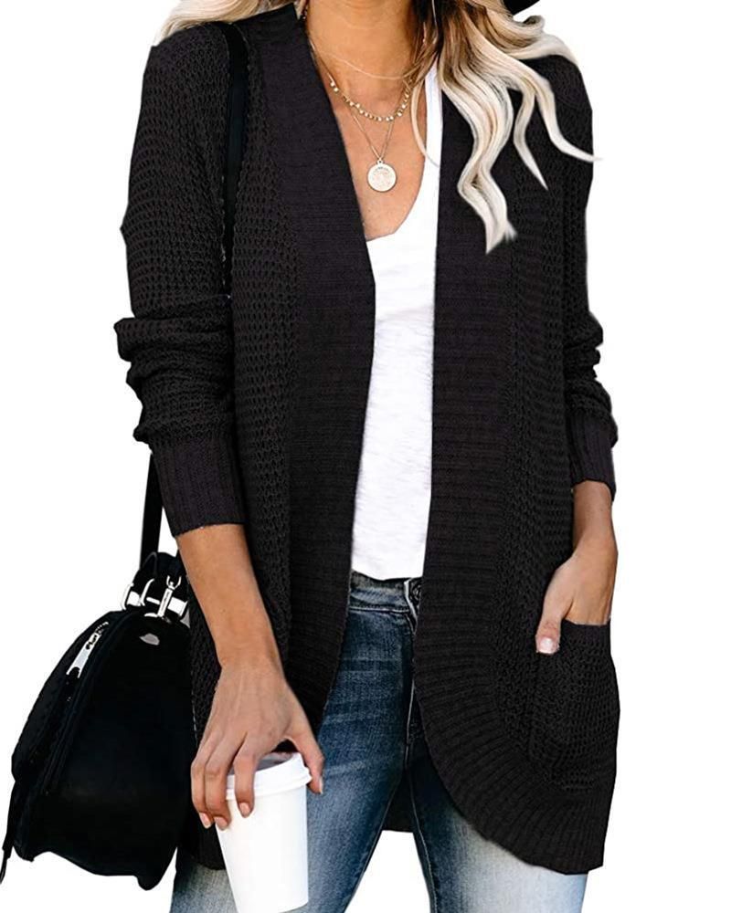 Cardigan da donna con abbottonatura curva, tasca grande, cardigan lavorato a maglia con scollo a V, maglioni a maniche lunghe caldi invernali aperti solidi_voghion.com