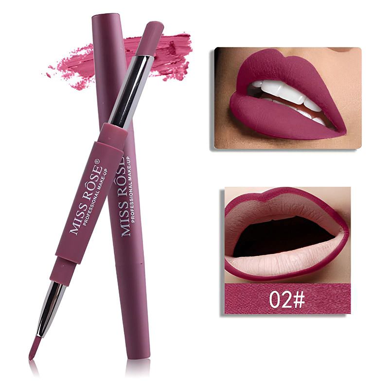 MISS ROSE Dual-Ended Lip Liner & Lipstick - Moisturizing, Long-Lasting & Non-Stick Cup - Hydrating For Autumn/Winter - Highly Pigmented, Smooth Glide_voghion.com