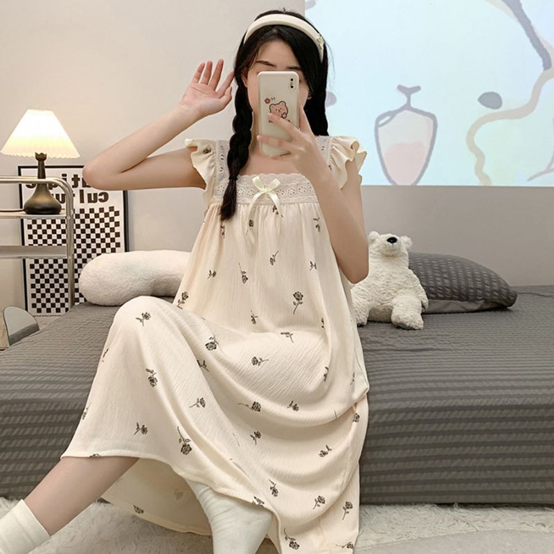 Add elastic wrinkled fabric pajamas for girls in the summer 2024, sweet camisole, medium length nightgown, and add_voghion.com