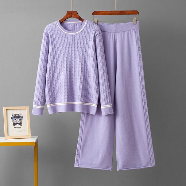 Elegante set di maglione e pantaloni in maglia - Completo casual a righe con pullover a maniche lunghe e pantaloni in morbida miscela di viscosa, versatile per l'ufficio e per tutti i giorni_voghion.com