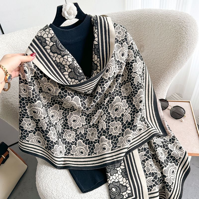 Hot-Selling Full Floral Cashmere Scarf For Women Korean Fashion Warm Versatile Neck Warmer Autumn Winter_voghion.com