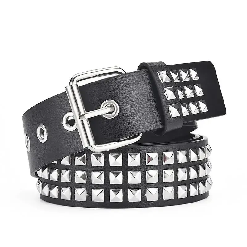 HOT Gothic PU Leather Studded Waist Belts Solid Eyelet Metal Pin Buckle Square Bead Rivet Belt Punk Jeans Decorative_voghion.com