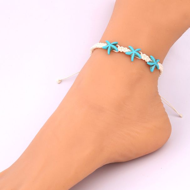 Cavigliera intrecciata a mano con tre stelle marine turchesi, filo di cera coreano, misura regolabile, semplice gioiello da spiaggia per i piedi, per le donne_voghion.com