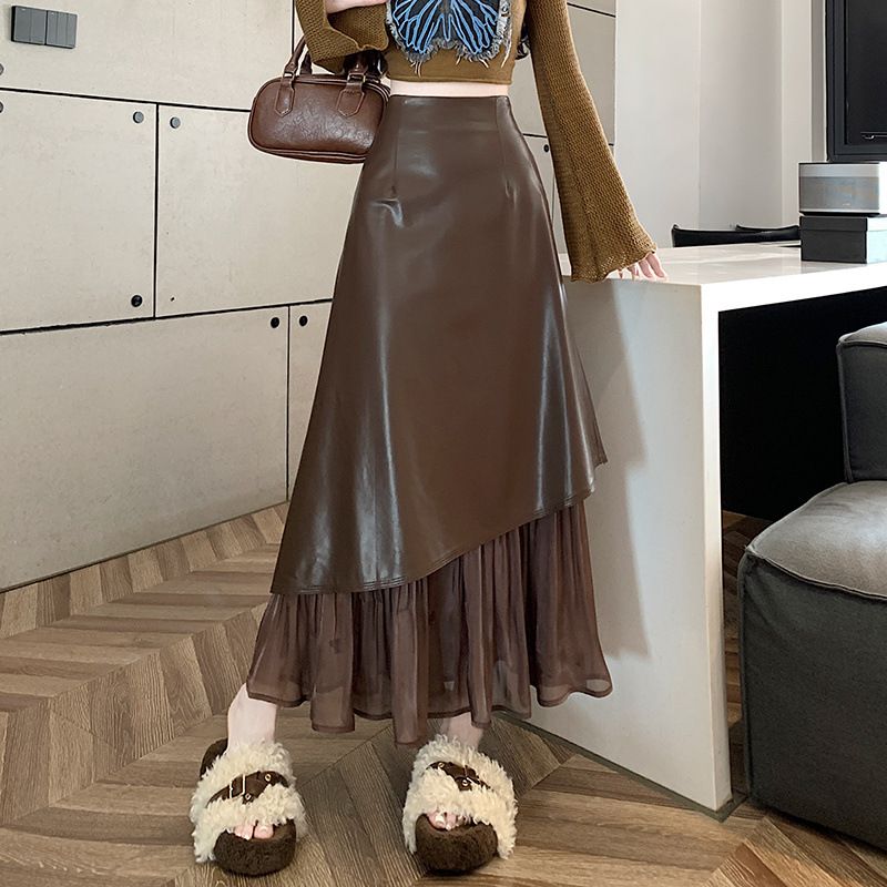 Splicing for women in autumn and winter 2024, new high waisted mid length leather A-line sk, casual ladies pleated_voghion.com