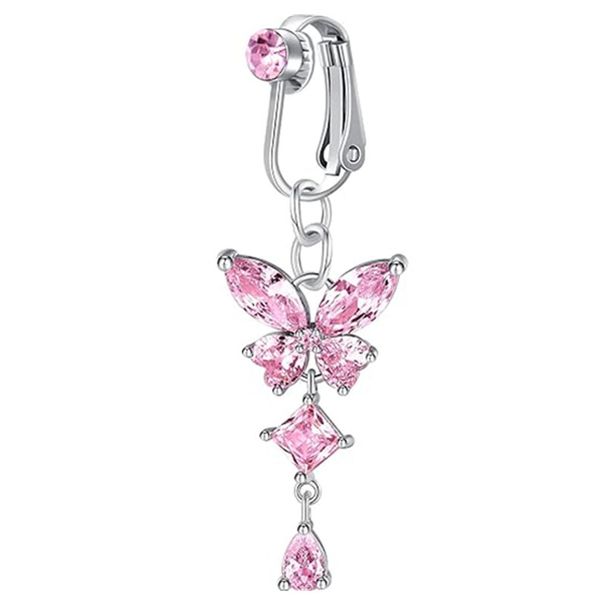 Piercing ombelico a clip con farfalla, in rame e zircone rosa, finto piercing all'ombelico, gioiello per il corpo, stile alla moda alla moda_voghion.com